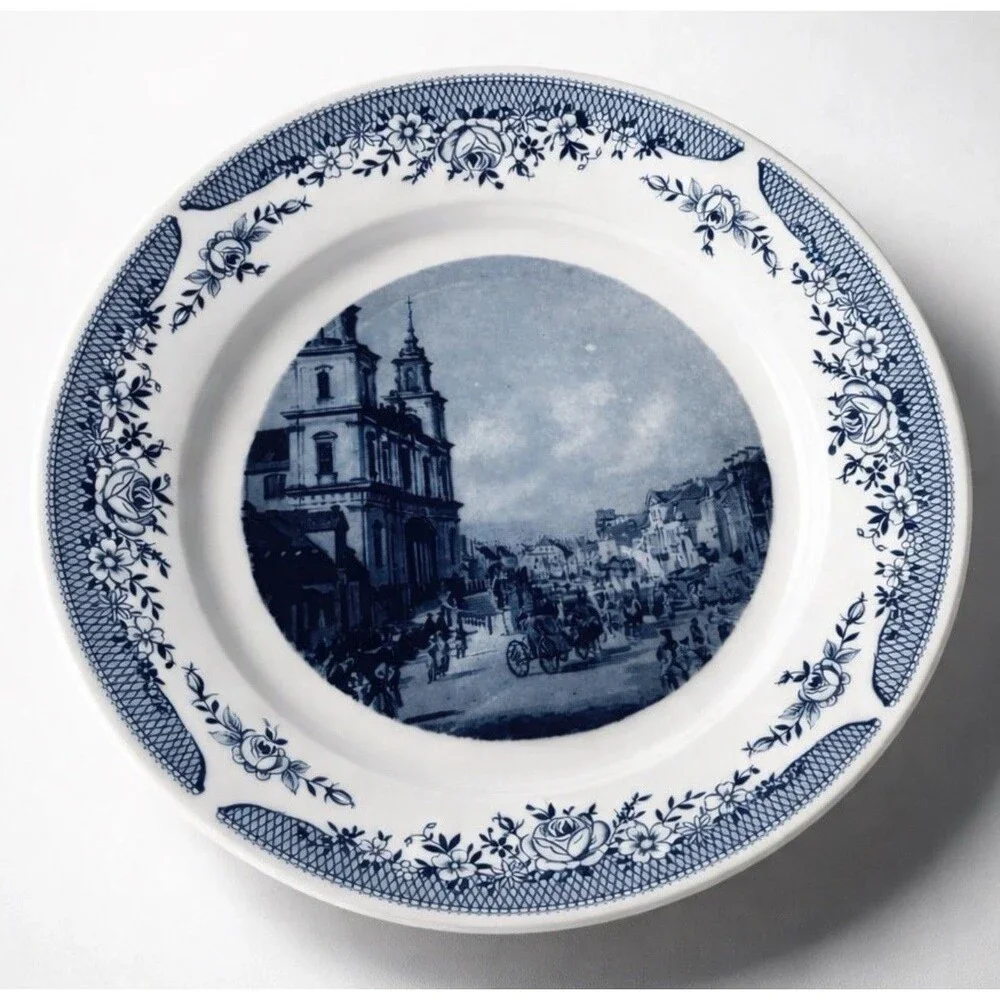 Vintage‎ Kahla Canaletto Plate Warsaw Holy Cross Church Blue White GDR Porcelain